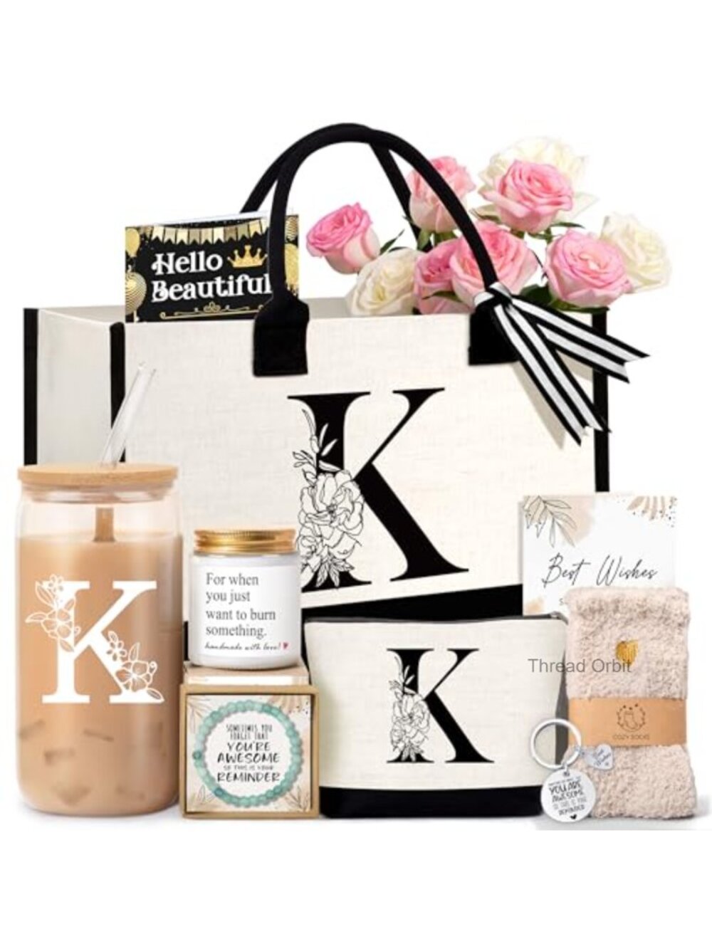 Monogrammed Tote Bag Gift Set for Women - Initial Canvas Tote with Cosmetic